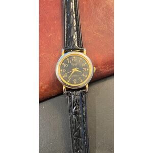 Women's 24mm Acuet Quartz Watch, Gold Tone, Black Face, Leather Band